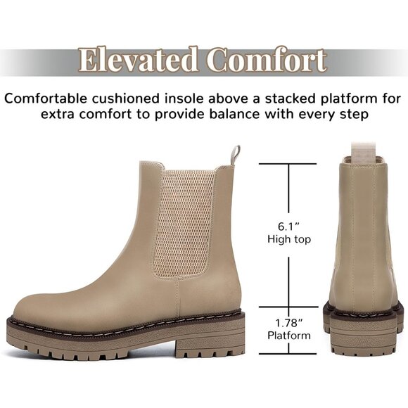 Athlefit Women Khaki Chelsea Wedge Platform Slip on Lug Sole Elastic Ankle Boot - Picture 2 of 6